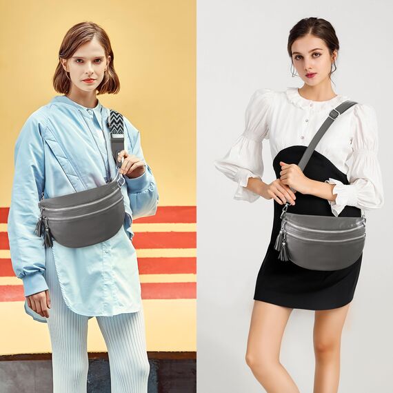 LANXINGLUO umhängetasche damen groß bauchtasche damen stylisch hüfttasche leder brustbeutel Mit Kreditkartenfach und 2 Schultergurten-dunkelgrau