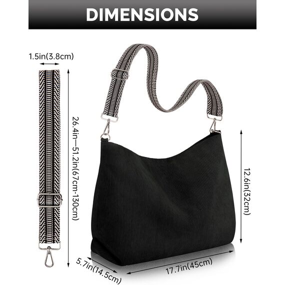 Prite Shopper Tasche Damen Groß Cord Tasche Tote Bag mit Verstellbarem Schultergurt für College Schule Arbeit Reisen Einkaufen（Schwarz 01）