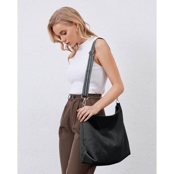 Prite Shopper Tasche Damen Groß Cord Tasche Tote Bag mit Verstellbarem Schultergurt für College Schule Arbeit Reisen Einkaufen（Schwarz 01）
