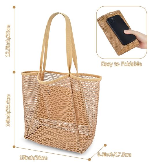 benpen Große Strandtasche Damen Xl Familie,Beach Bags For Women,Netztasche Strand Mit Reißverschluss Innentasche,Faltbare Leichte Mesh Strandtasche Korb,Badetasche Klein,Shopper für Frauen