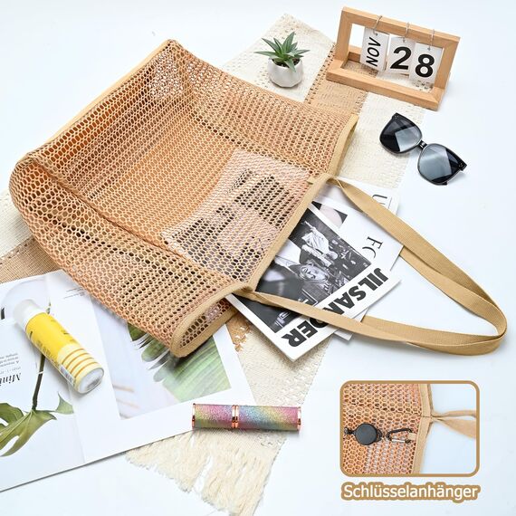 benpen Große Strandtasche Damen Xl Familie,Beach Bags For Women,Netztasche Strand Mit Reißverschluss Innentasche,Faltbare Leichte Mesh Strandtasche Korb,Badetasche Klein,Shopper für Frauen
