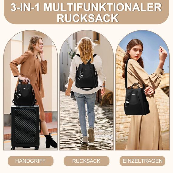 Eshow Rucksack Damen Klein, Anti-Diebstahl Kleiner Cityrucksack Tagesrucksack Elegant, 3 in 1 Rucksacktasche Modern für Pendeln Schule Arbeit Reise Schwarz