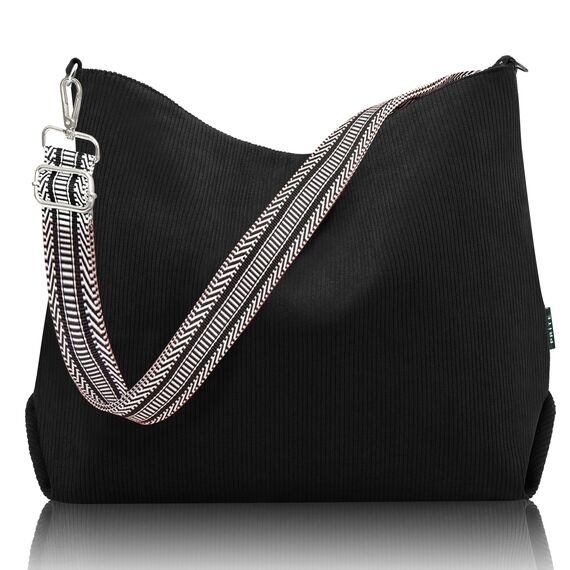 Prite Shopper Tasche Damen Groß Cord Tasche Tote Bag mit Verstellbarem Schultergurt für College Schule Arbeit Reisen Einkaufen（Schwarz 01）