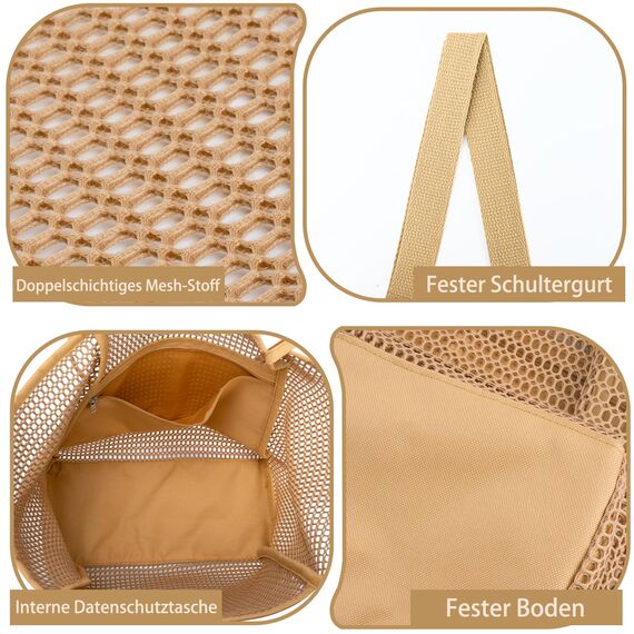 benpen Große Strandtasche Damen Xl Familie,Beach Bags For Women,Netztasche Strand Mit Reißverschluss Innentasche,Faltbare Leichte Mesh Strandtasche Korb,Badetasche Klein,Shopper für Frauen