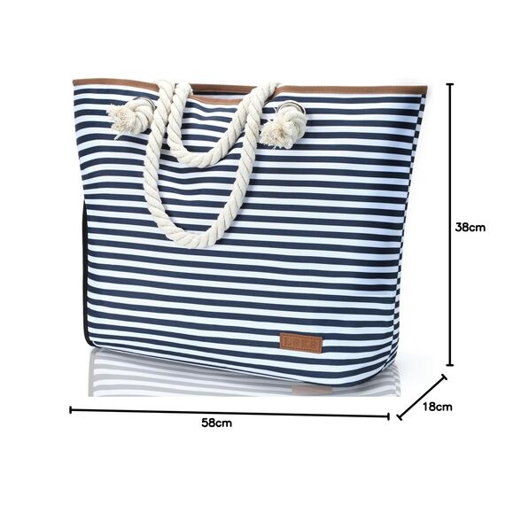 Lekespring Strandtasche Damen Groß mit Reißverschluss, Badetasche XXL Familie Saunatasche Reisetasche Beach Tote Bag für Strand Reisen Einkaufen u.Sport (Blau Gestreift)
