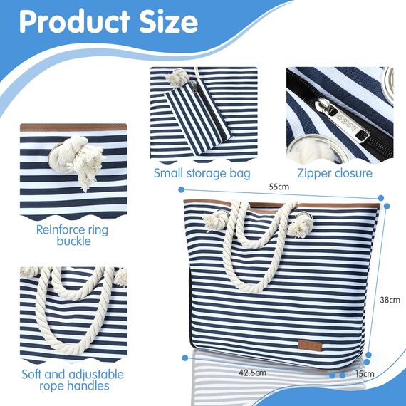 Lekespring Strandtasche Damen Groß mit Reißverschluss, Badetasche XXL Familie Saunatasche Reisetasche Beach Tote Bag für Strand Reisen Einkaufen u.Sport (Blau Gestreift)