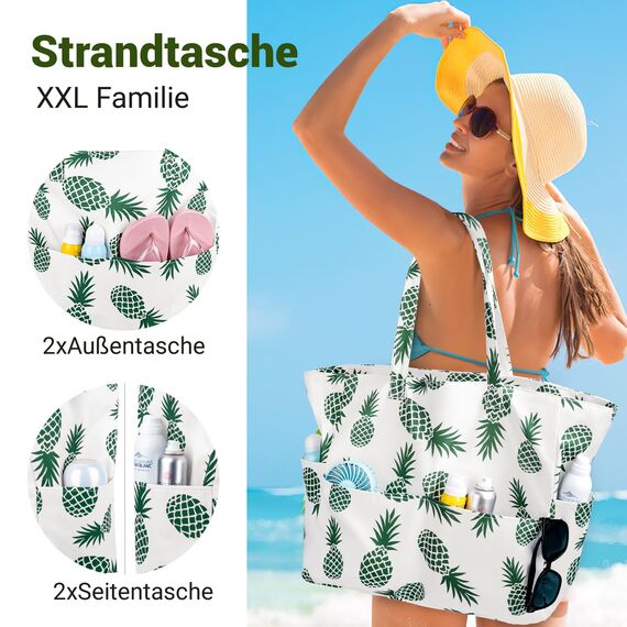 Strandtasche XXL Familie Große Badetasche Damen Beach Bag mit Reißverschluss Shopper, Leicht Faltbare Grosse Schwimmbadtasche, Urlaub Must Have Einkaufstaschen für Reisen Einkaufen Picknick Alltag