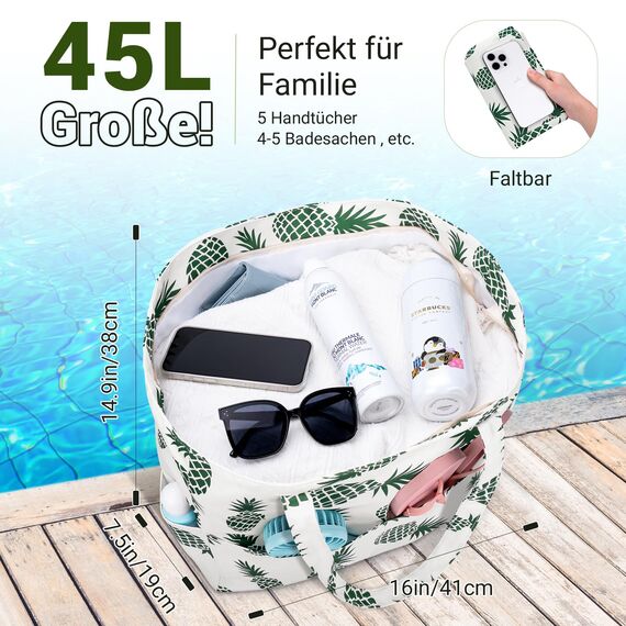 Strandtasche XXL Familie Große Badetasche Damen Beach Bag mit Reißverschluss Shopper, Leicht Faltbare Grosse Schwimmbadtasche, Urlaub Must Have Einkaufstaschen für Reisen Einkaufen Picknick Alltag