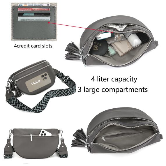 LANXINGLUO umhängetasche damen groß bauchtasche damen stylisch hüfttasche leder brustbeutel Mit Kreditkartenfach und 2 Schultergurten-dunkelgrau