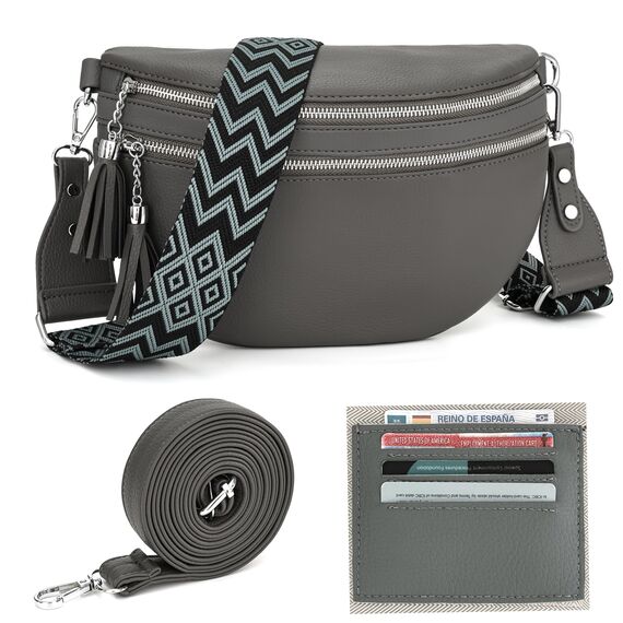 LANXINGLUO umhängetasche damen groß bauchtasche damen stylisch hüfttasche leder brustbeutel Mit Kreditkartenfach und 2 Schultergurten-dunkelgrau