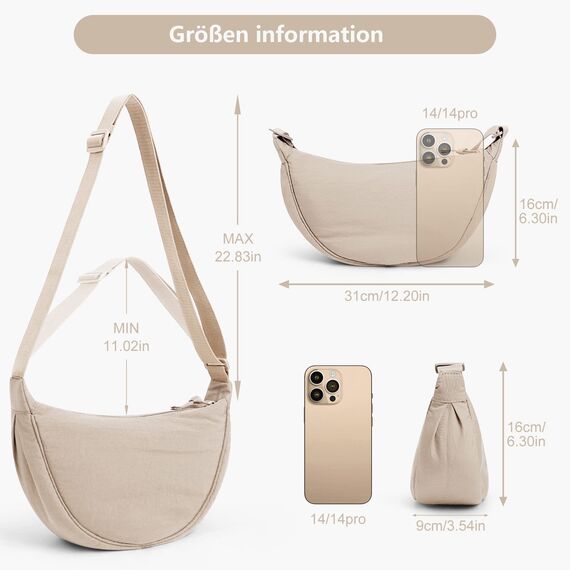 TIAASTAP Damen Halbmond Crossbody Umhängetasche, Unisex Hobo Crossbody Bag, Wasserdichte Leichtes Nylon Bauchtasche mit verstellbarer Schultergurt Für Alltag & Freizeit
