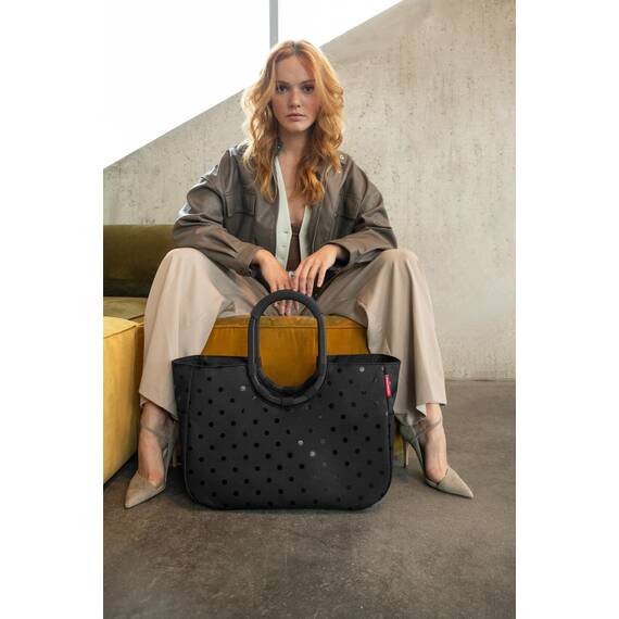 reisenthel loopshopper L frame glossy dots black – Stabile Tasche mit praktischen Fächern aus recycelten PET-Flaschen – Charmantes und wasserabweisendes Design