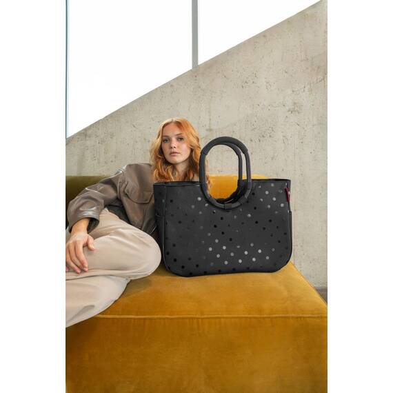 reisenthel loopshopper L frame glossy dots black – Stabile Tasche mit praktischen Fächern aus recycelten PET-Flaschen – Charmantes und wasserabweisendes Design