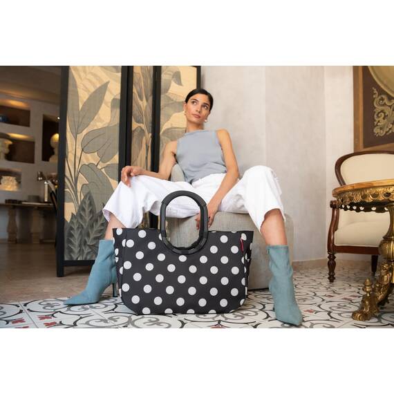 reisenthel loopshopper L frame dots white – Stabile Tasche mit praktischen Fächern aus recycelten PET-Flaschen – Charmantes und wasserabweisendes Design