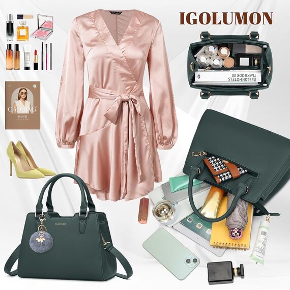 IGOLUMON Handtasche Damen Mittelgroß Tasche Leder Henkeltasche Damen-Henkeltaschen Tote Bag Handtaschen Taschen Schultertaschen Umhängetasche Schultertasche Damenhandtaschen Dunkelgrün