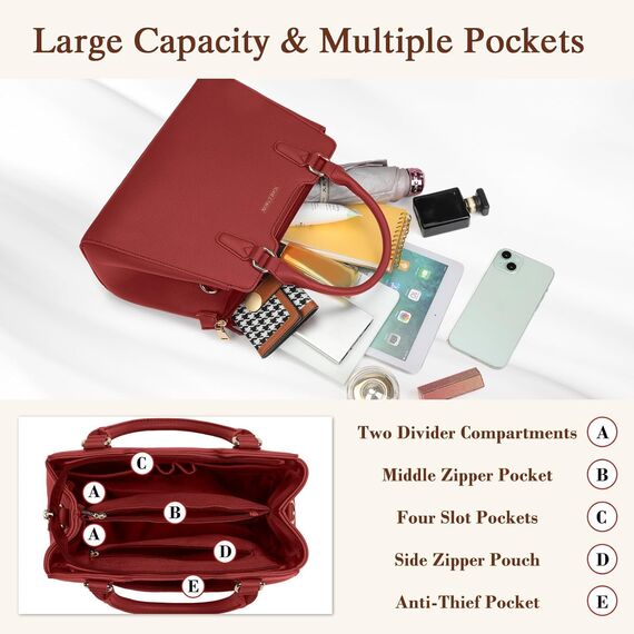 IGOLUMON Handtasche Damen Mittelgroß Tasche Leder Henkeltasche Damen-Henkeltaschen Tote Bag Handtaschen Taschen Schultertaschen Umhängetasche Schultertasche Damenhandtaschen Rot