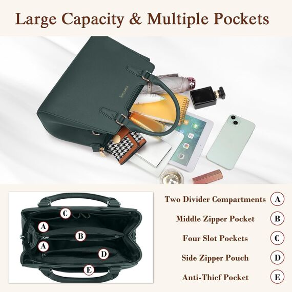 IGOLUMON Handtasche Damen Mittelgroß Tasche Leder Henkeltasche Damen-Henkeltaschen Tote Bag Handtaschen Taschen Schultertaschen Umhängetasche Schultertasche Damenhandtaschen Dunkelgrün