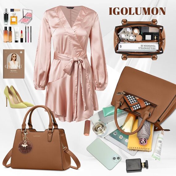 IGOLUMON Handtasche Damen Mittelgroß Tasche Leder Henkeltasche Damen-Henkeltaschen Tote Bag Handtaschen Taschen Schultertaschen Umhängetasche Schultertasche Damenhandtaschen Braun