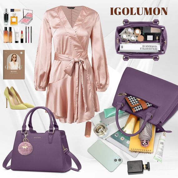 IGOLUMON Handtasche Damen Mittelgroß Tasche Leder Henkeltasche Damen-Henkeltaschen Tote Bag Handtaschen Taschen Schultertaschen Umhängetasche Schultertasche Damenhandtaschen Lila