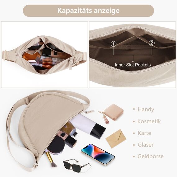 TIAASTAP Damen Halbmond Crossbody Umhängetasche, Unisex Hobo Crossbody Bag, Wasserdichte Leichtes Nylon Bauchtasche mit verstellbarer Schultergurt Für Alltag & Freizeit