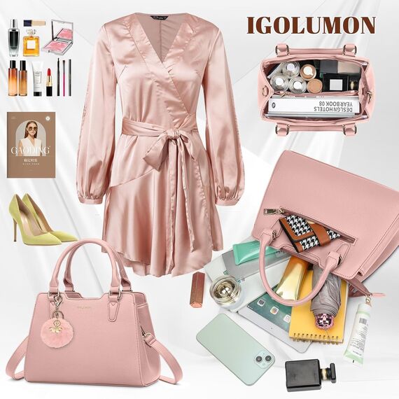 IGOLUMON Handtasche Damen Mittelgroß Tasche Leder Henkeltasche Damen-Henkeltaschen Tote Bag Handtaschen Taschen Schultertaschen Umhängetasche Schultertasche Damenhandtaschen Rosa