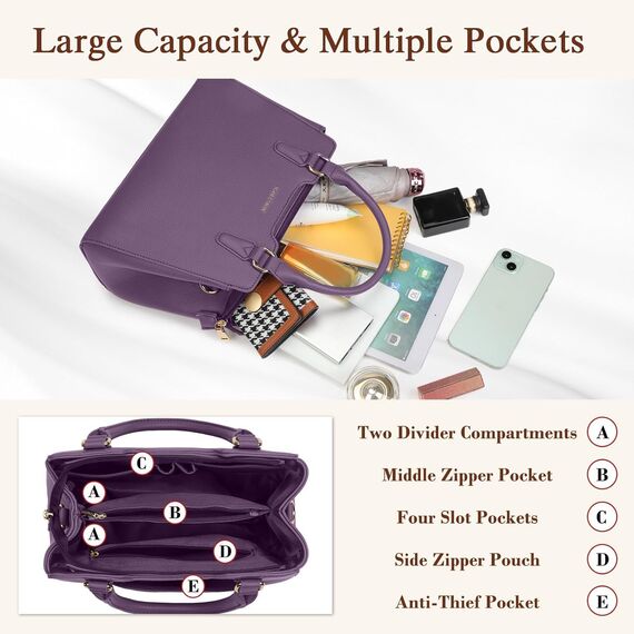 IGOLUMON Handtasche Damen Mittelgroß Tasche Leder Henkeltasche Damen-Henkeltaschen Tote Bag Handtaschen Taschen Schultertaschen Umhängetasche Schultertasche Damenhandtaschen Lila