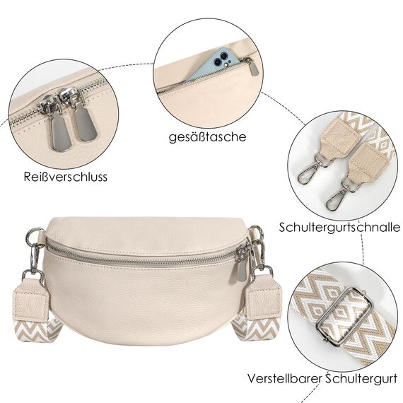 TANTOMI Umhängetasche Damen Leder, Crossbody Bag Mit Breitem Gurt, Bauchtasche Stylisch, Elegante Gürteltasche