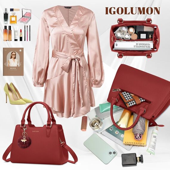 IGOLUMON Handtasche Damen Mittelgroß Tasche Leder Henkeltasche Damen-Henkeltaschen Tote Bag Handtaschen Taschen Schultertaschen Umhängetasche Schultertasche Damenhandtaschen Rot