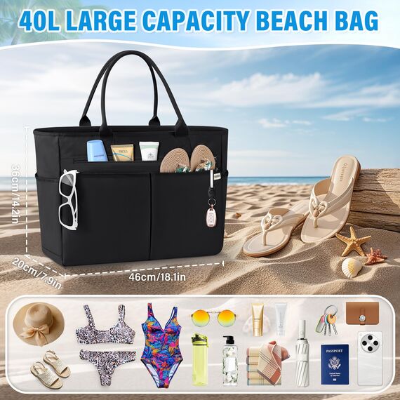 IGOLUMON Strandtasche XXL Familie Groß Badetasche mit Reißverschluss Wasserdicht 40L Vielseitiger Shopper Damen Tote Bag für Strand Pool Fitnessstudio Reisen Schwarz