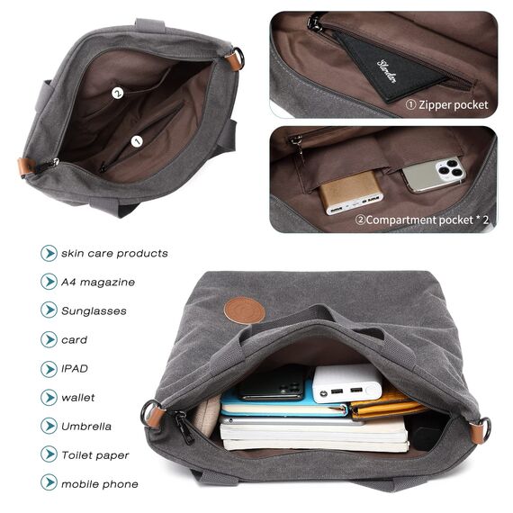 JANSBEN Damen Canvas Handtasche Schultertasche Casual Multifunktionale Umhängetaschen Groß für Schule Shopper Lässige täglich (Grau)