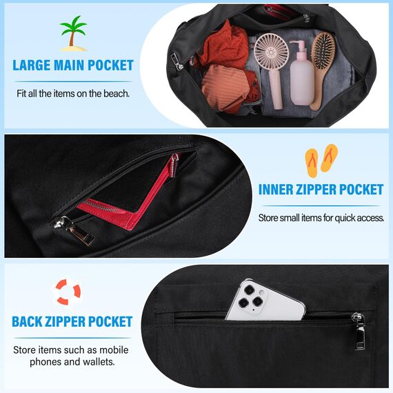 IGOLUMON Strandtasche XXL Familie Groß Badetasche mit Reißverschluss Wasserdicht 40L Vielseitiger Shopper Damen Tote Bag für Strand Pool Fitnessstudio Reisen Schwarz