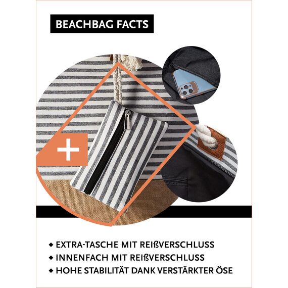 DonDon große Strandtasche XXL mit Reißverschluss - Umhängetasche Damen - große Badetasche für Urlaub vielseitige Shopper Tasche Damen für Strand Urlaub Must Haves Beach bag - Streifen schwarz