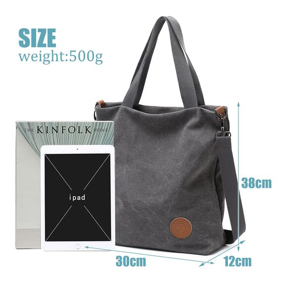 JANSBEN Damen Canvas Handtasche Schultertasche Casual Multifunktionale Umhängetaschen Groß für Schule Shopper Lässige täglich (Grau)