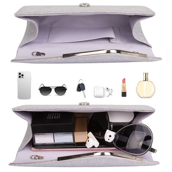 Larcenciel Clutch, Glänzende Pailletten Abendtaschen mit Abnehmbarer Kette, Envelope Handtasche für Damen, Elegante Cross Body Umhängetasche für Hochzeit, Party, Bankett, Feiertage (Silber)