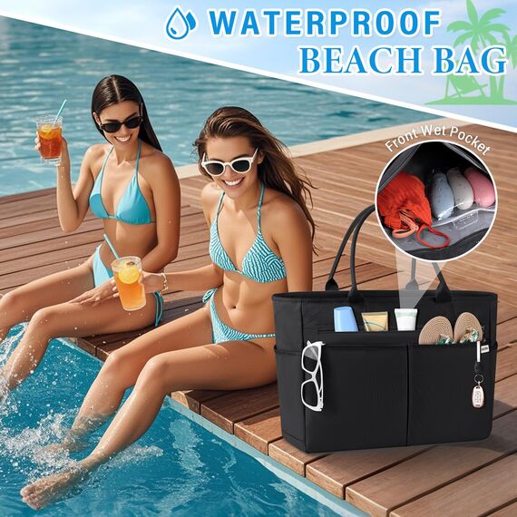 IGOLUMON Strandtasche XXL Familie Groß Badetasche mit Reißverschluss Wasserdicht 40L Vielseitiger Shopper Damen Tote Bag für Strand Pool Fitnessstudio Reisen Schwarz
