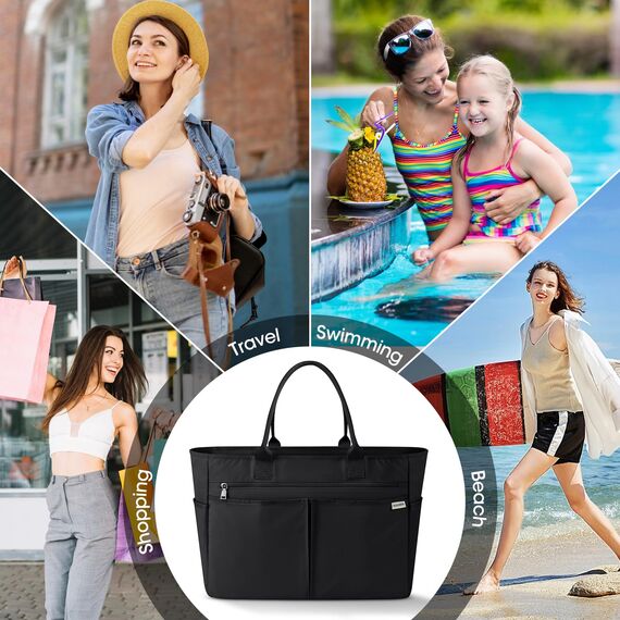 IGOLUMON Strandtasche XXL Familie Groß Badetasche mit Reißverschluss Wasserdicht 40L Vielseitiger Shopper Damen Tote Bag für Strand Pool Fitnessstudio Reisen Schwarz