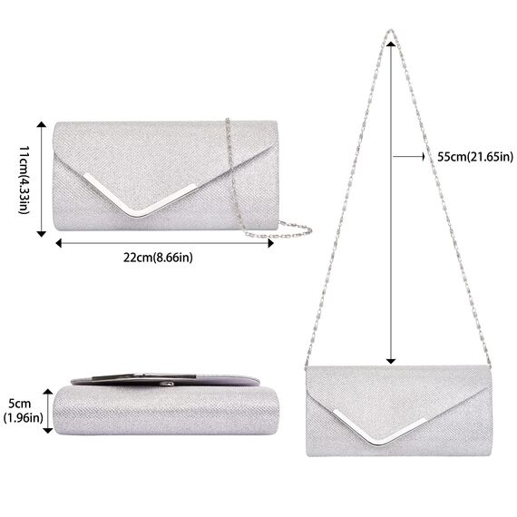 Larcenciel Clutch, Glänzende Pailletten Abendtaschen mit Abnehmbarer Kette, Envelope Handtasche für Damen, Elegante Cross Body Umhängetasche für Hochzeit, Party, Bankett, Feiertage (Silber)