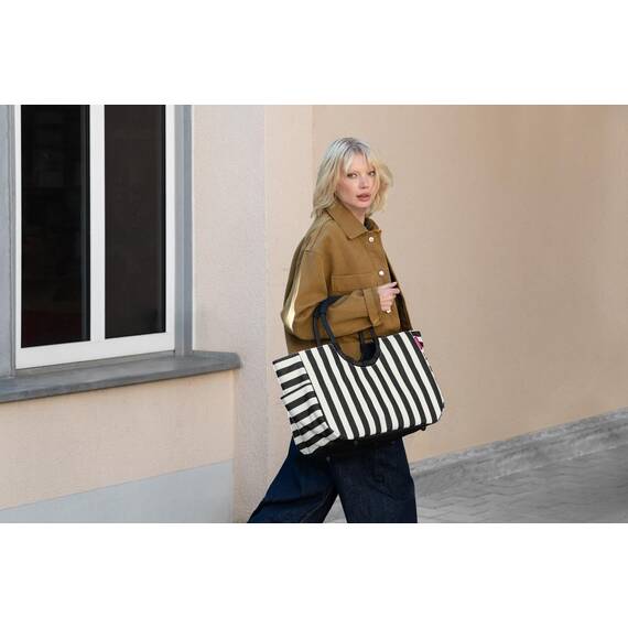 reisenthel loopshopper L summerstripes black – Stabile Tasche mit praktischen Fächern aus recycelten PET-Flaschen – Charmantes und wasserabweisendes Design