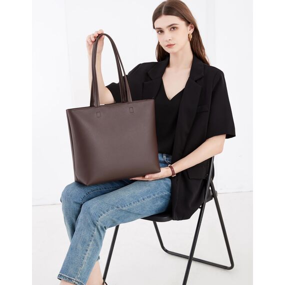 MEEGIRL Schlichte Damen-Handtasche aus PU-Leder, Arbeit, Schule, Einkaufstasche, mit Reißverschluss und Innentasche, coffee