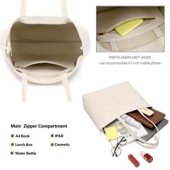 MEEGIRL Damen Henkeltaschen, Einfache Handtaschen PU Leder Tote Shopper Bag für Arbeit, Schule, Einkauf mit Reißverschluss und Innentasche Beige