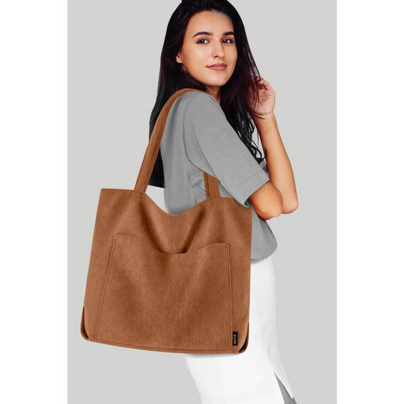 Prite Handtasche Damen Tote Bag Shopper Groß Umhängetasche Cord Beuteltasche Stofftasche für College Schule Arbeit Reisen Einkaufen (Braun)