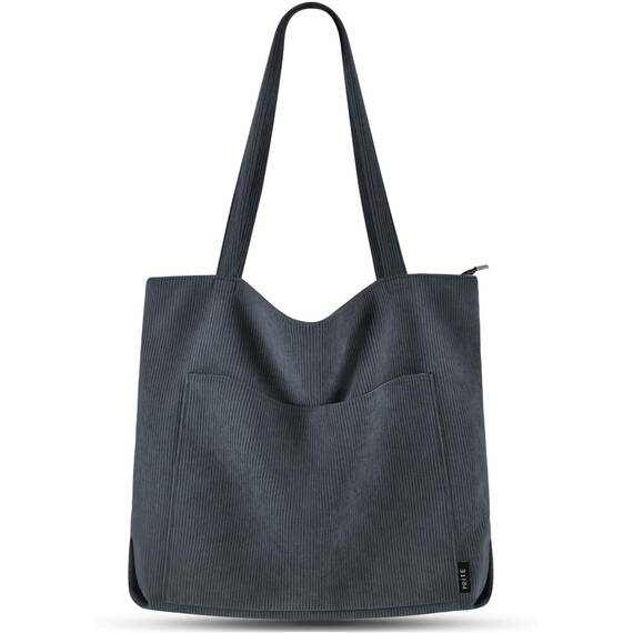 Prite Handtasche Damen Tote Bag Shopper Groß Umhängetasche Cord Beuteltasche Stofftasche für College Schule Arbeit Reisen Einkaufen (Grau)