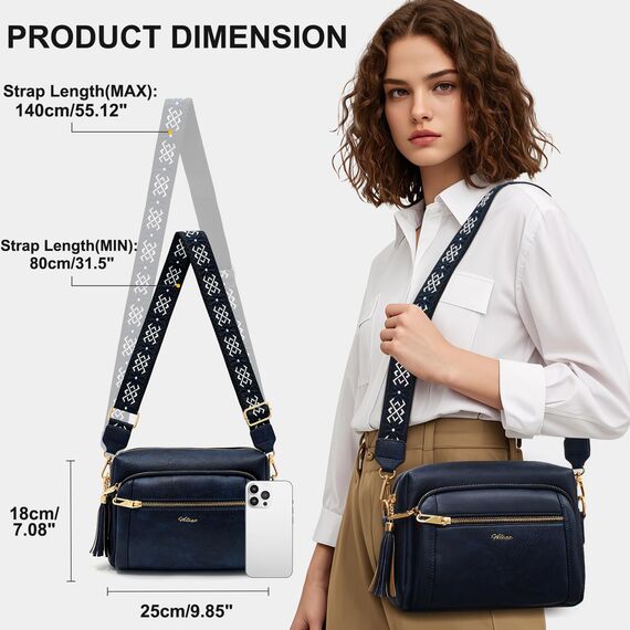 HILAEX Umhängetasche Damen mit Anti Diebstahl, Handtasche Damen Mittelgroß mit 4 Fächern, mit Verstellbar Abnehmbar Breiter Gurt Blau