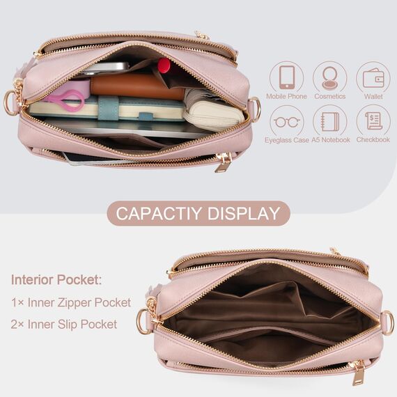HILAEX Umhängetasche Damen mit Anti Diebstahl, Handtasche Damen Mittelgroß mit 4 Fächern, mit Verstellbar Abnehmbar Breiter Gurt Rosa