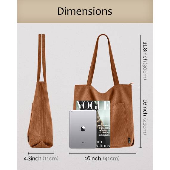 Prite Handtasche Damen Tote Bag Shopper Groß Umhängetasche Cord Beuteltasche Stofftasche für College Schule Arbeit Reisen Einkaufen (Braun)
