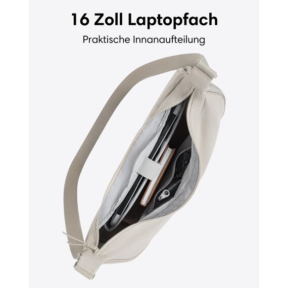 LARKSON Crossbody Bag Damen & Herren Beige - Solveig XL - Große Umhängetasche im Halbmond Style -Tasche mit 16 Zoll Laptopfach - Moon Bag - Wasserabweisend