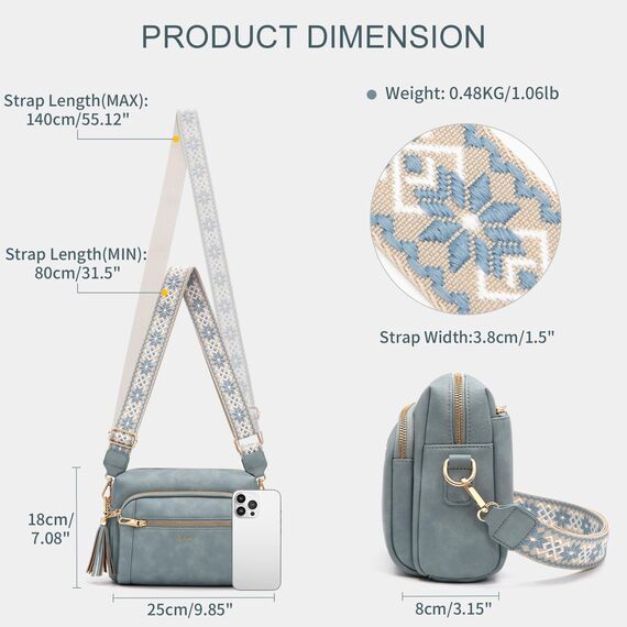 HILAEX Umhängetasche Damen mit Anti Diebstahl, Handtasche Damen Mittelgroß mit 4 Fächern, mit Verstellbar Abnehmbar Breiter Gurt Hellblau