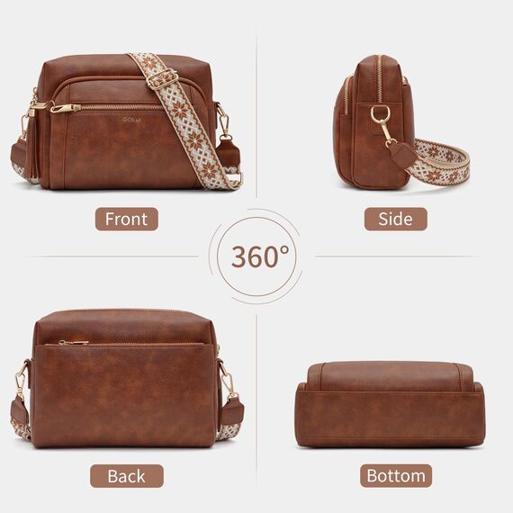 HILAEX Umhängetasche Damen mit Anti Diebstahl, Handtasche Damen Mittelgroß mit Vielen Fächern Verstellbar Abnehmbar Breiter Gurt, 26 x 10 x 20 cm Braun