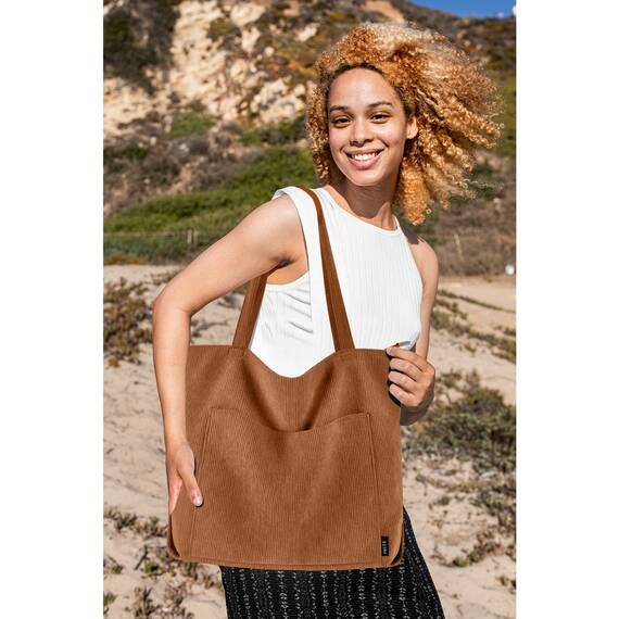 Prite Handtasche Damen Tote Bag Shopper Groß Umhängetasche Cord Beuteltasche Stofftasche für College Schule Arbeit Reisen Einkaufen (Braun)