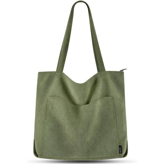 Prite Handtasche Damen Tote Bag Shopper Groß Umhängetasche Cord Beuteltasche Stofftasche für College Schule Arbeit Reisen Einkaufen (Grün)